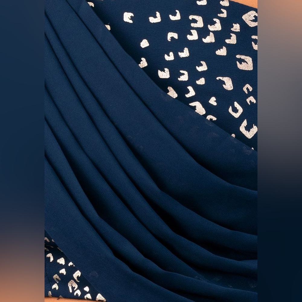 Teal Foil Print Lehenga & One Shoulder Blouse With Attached Drape — Size Medium - Picture 7 of 15